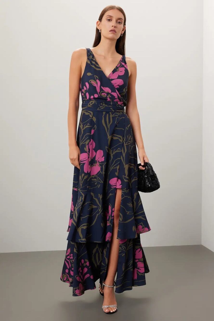 Slate & Willow Sz M Navy Blue Floral Print Ruffled Slit Sleeveless Wrap Gown